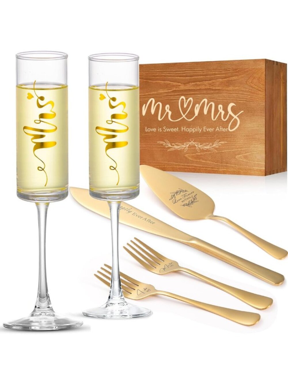 Elegant Wedding Cake Cutting Set & Mr & Mrs Champagne Flutes in Wooden Box
